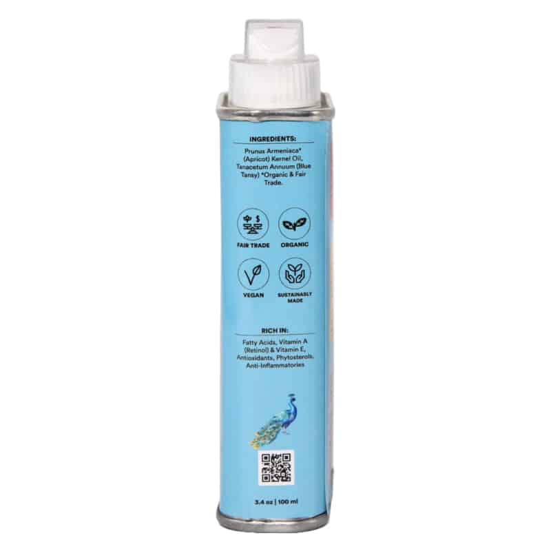 A 100 ml bottle of natural apricot oil with a light blue label and a white nozzle, shown against a plain white background.