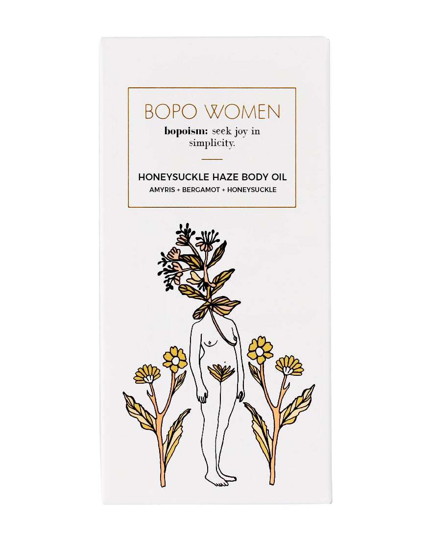 Bopo Women Honeysuckle Haze Body Oil packaging with botanical illustrations on a white background