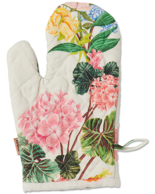 Floral-patterned with pink and blue hydrangra flower and greenery print oven mitt on a white background