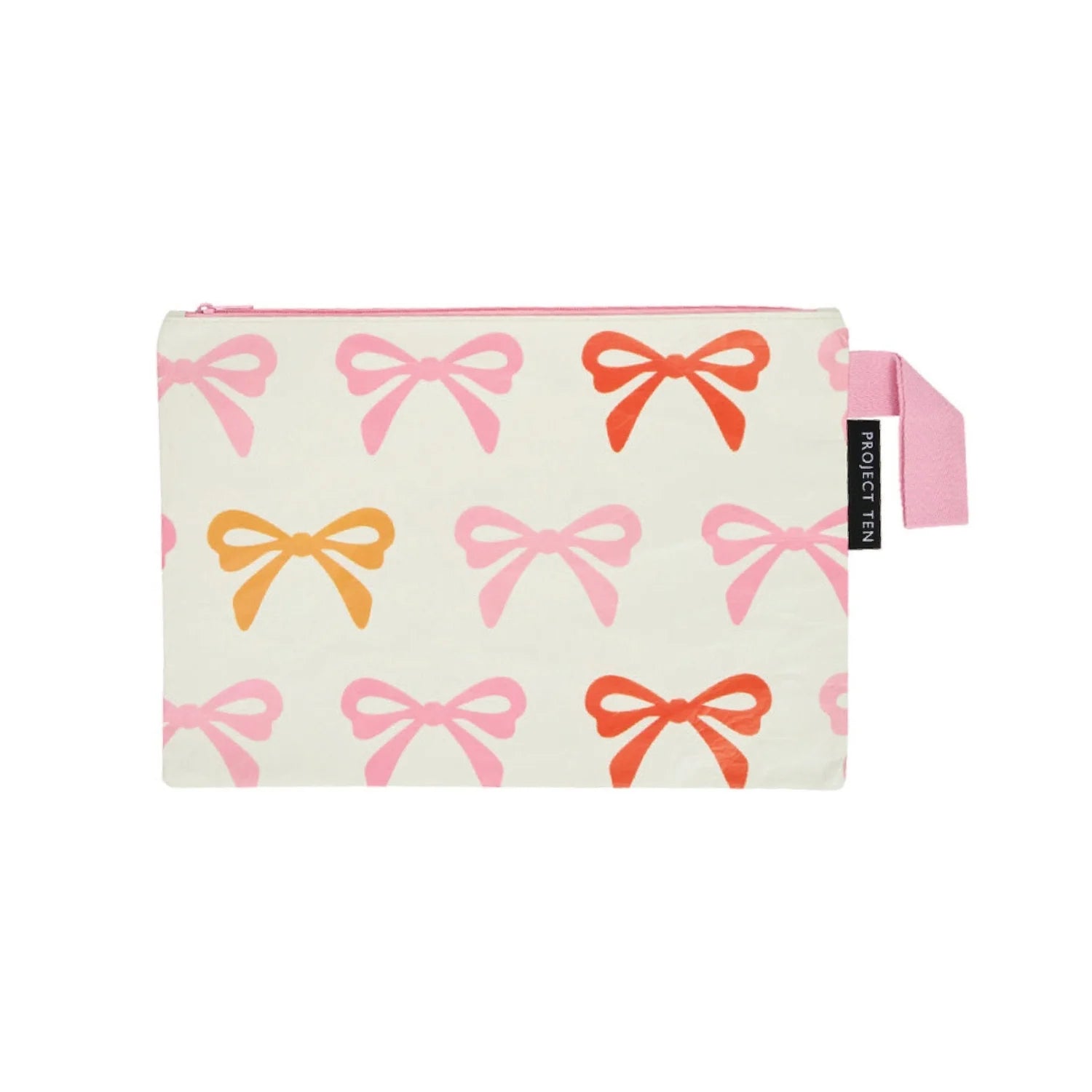 Pouch with colorful pink, orange and red bow pattern on a cream base with pink short strap. Product captured on a white background