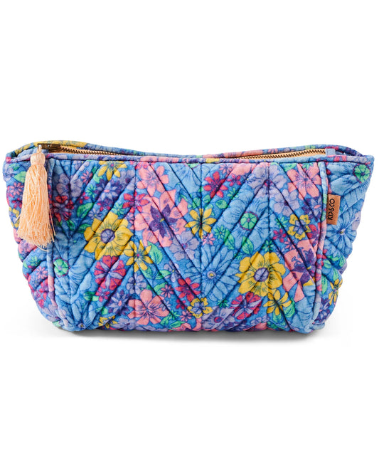 Blue base with yellow, blue, pink and green flowers. Velvet cosmetic bag with zip up top, tassel strap. 