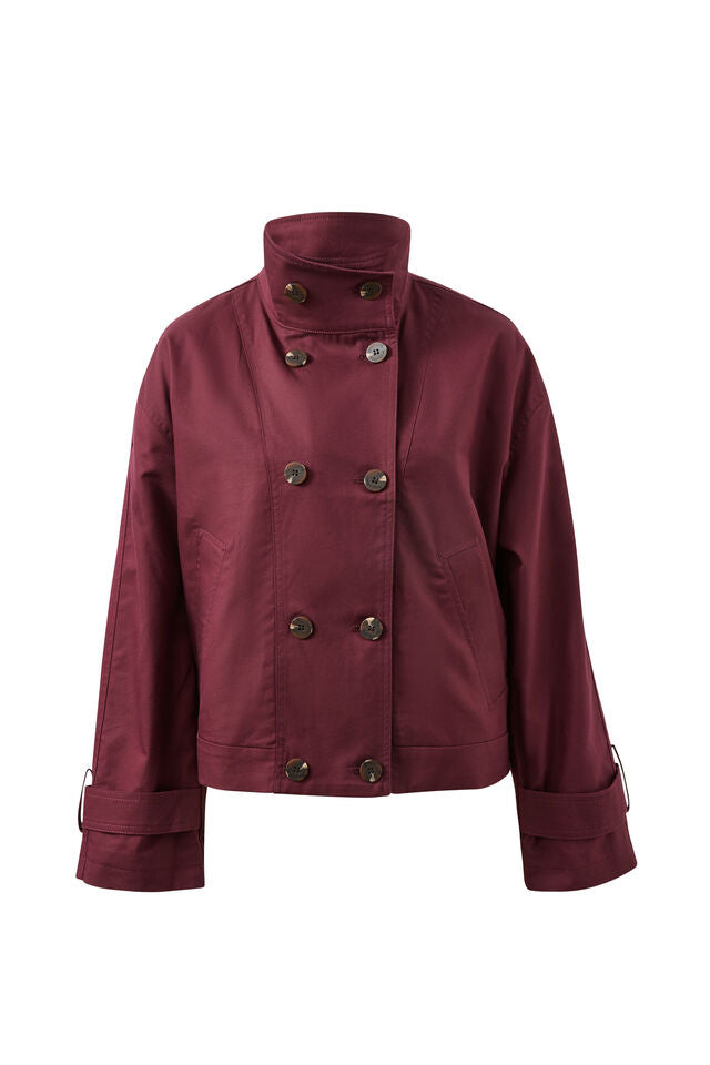Maroon jacket with button details on a white background