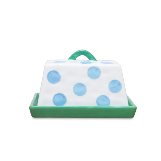 Cornflower + Green Polka Dot Butter Dish