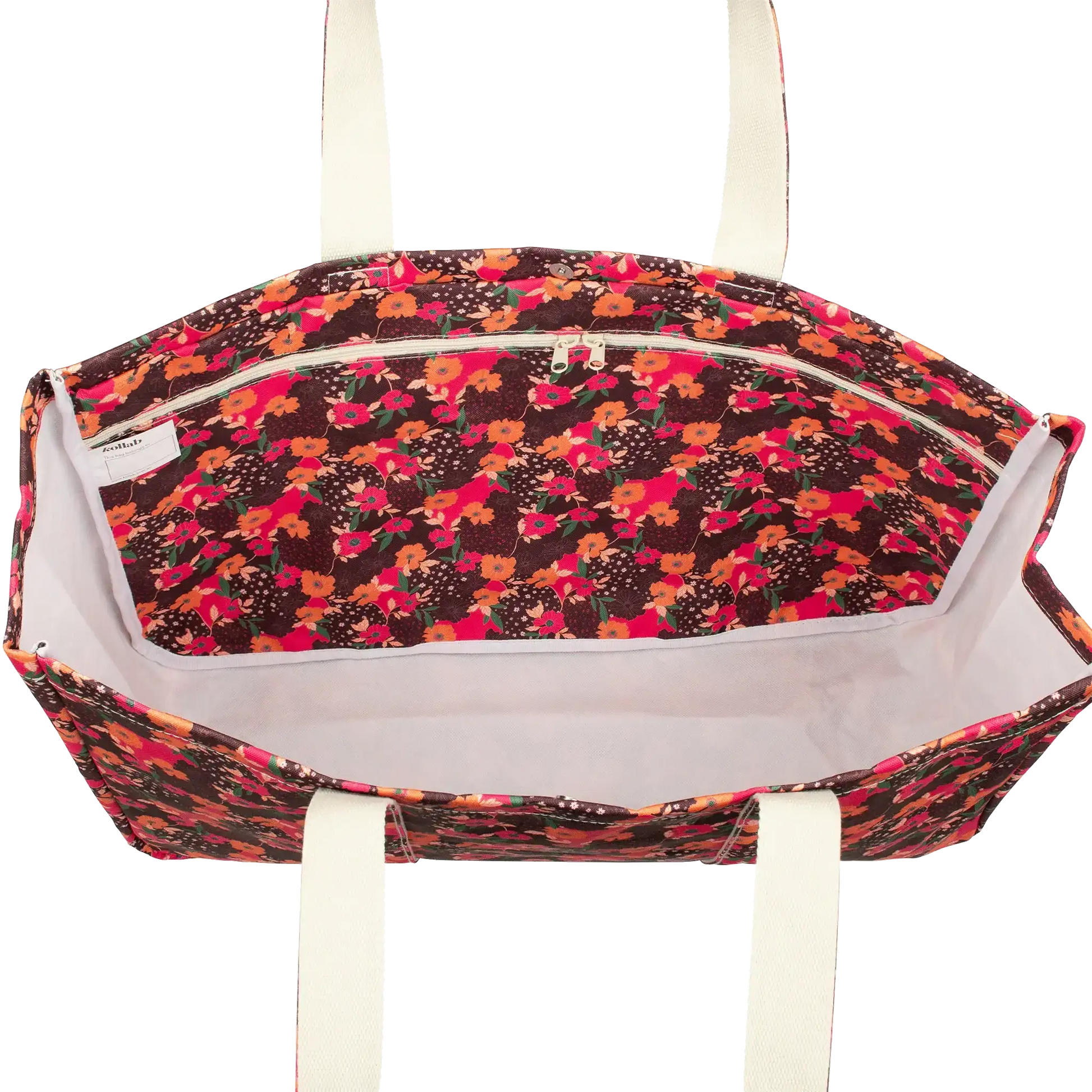 Floral patterned bag with white handles on a white background