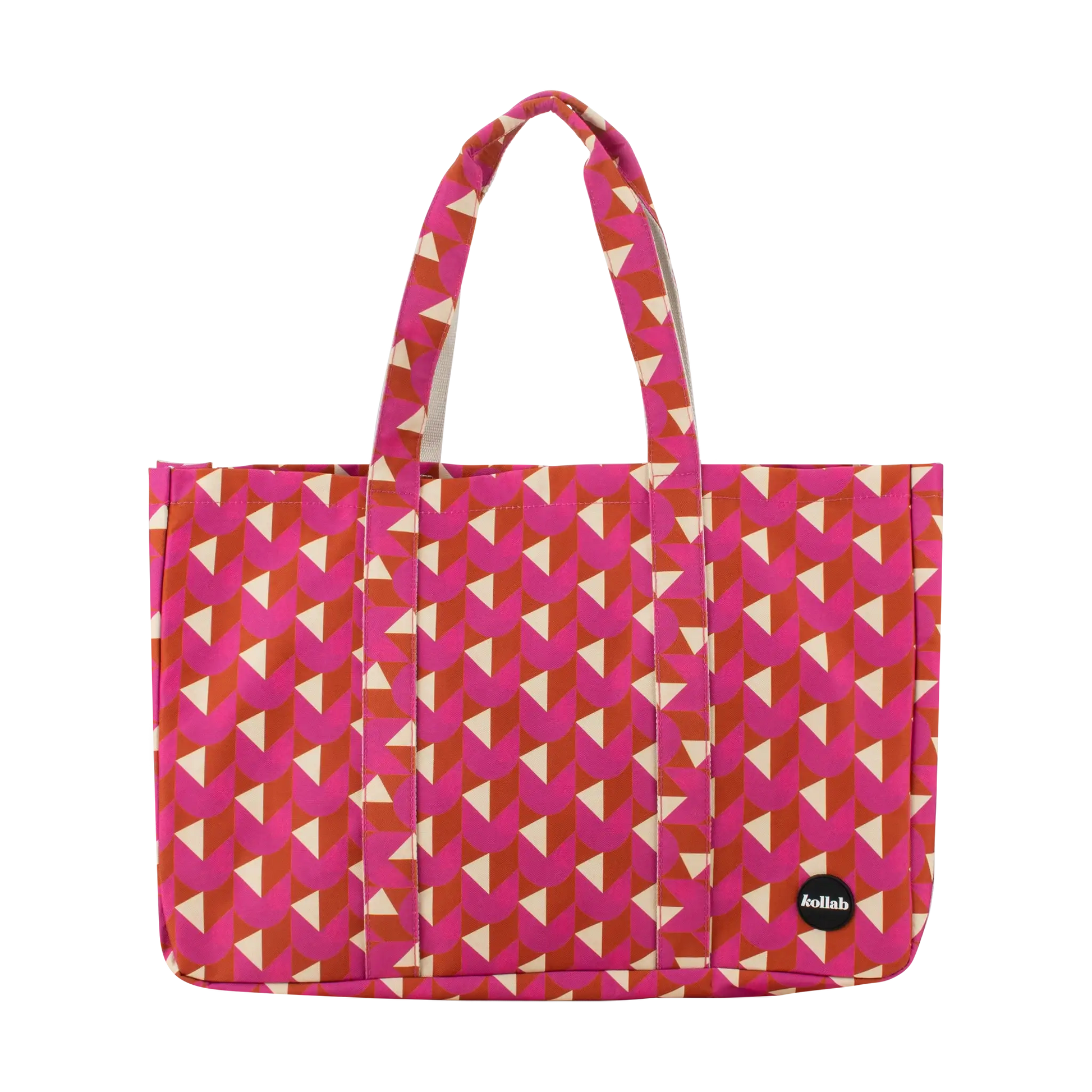 A tote bag with a geometric pattern of pink, orange, and cream triangles, featuring dual top handles and a small black circular 'allinlove' logo patch on the bottom right.