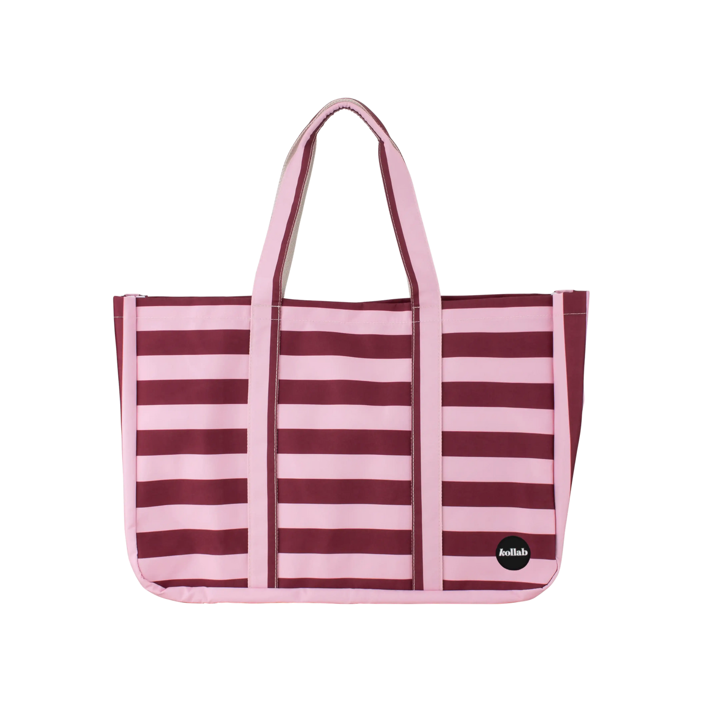 Striped tote bag with pink and purple horizontal stripes on a white background