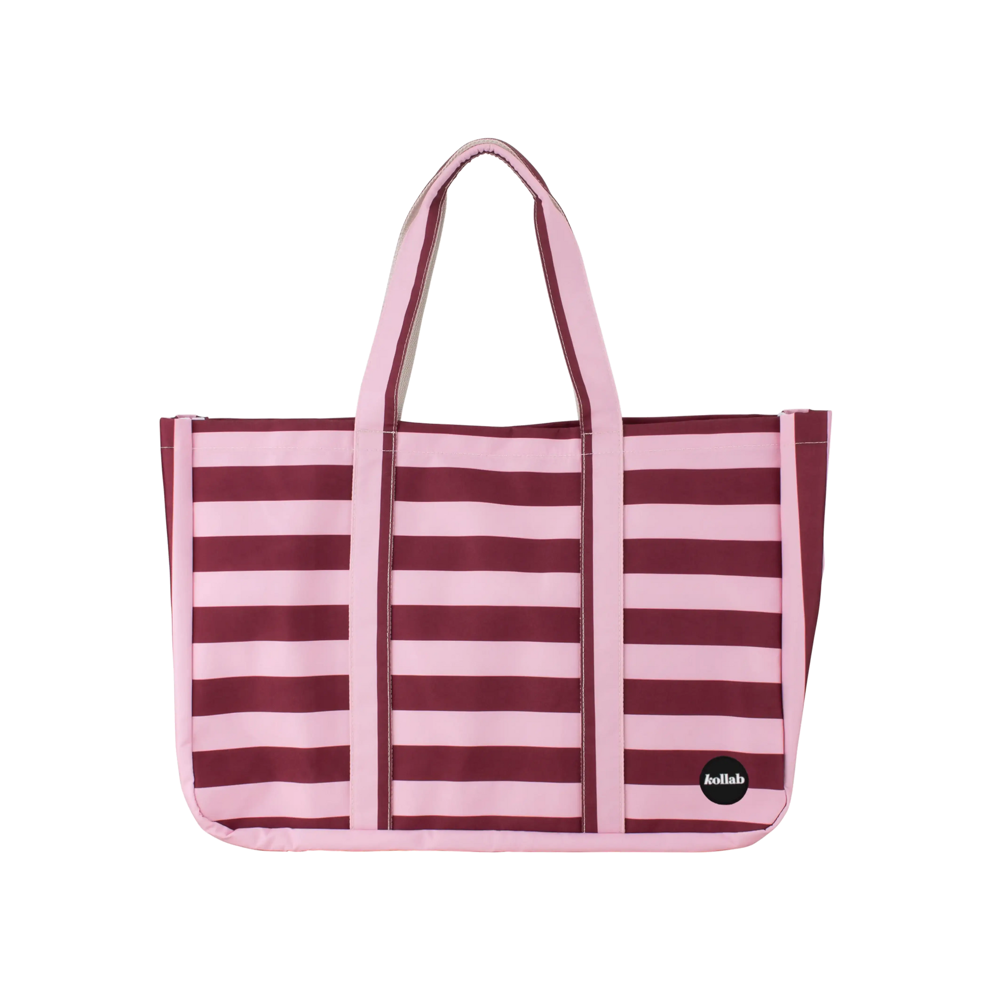 Striped tote bag with pink and purple horizontal stripes on a white background