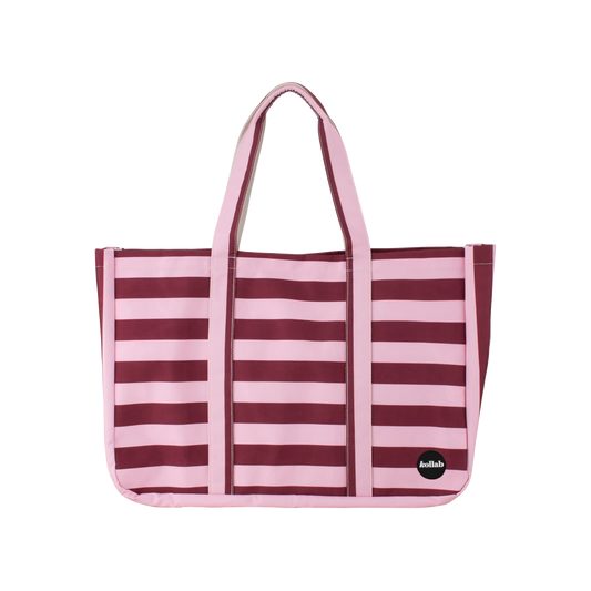 Striped tote bag with pink and purple horizontal stripes on a white background