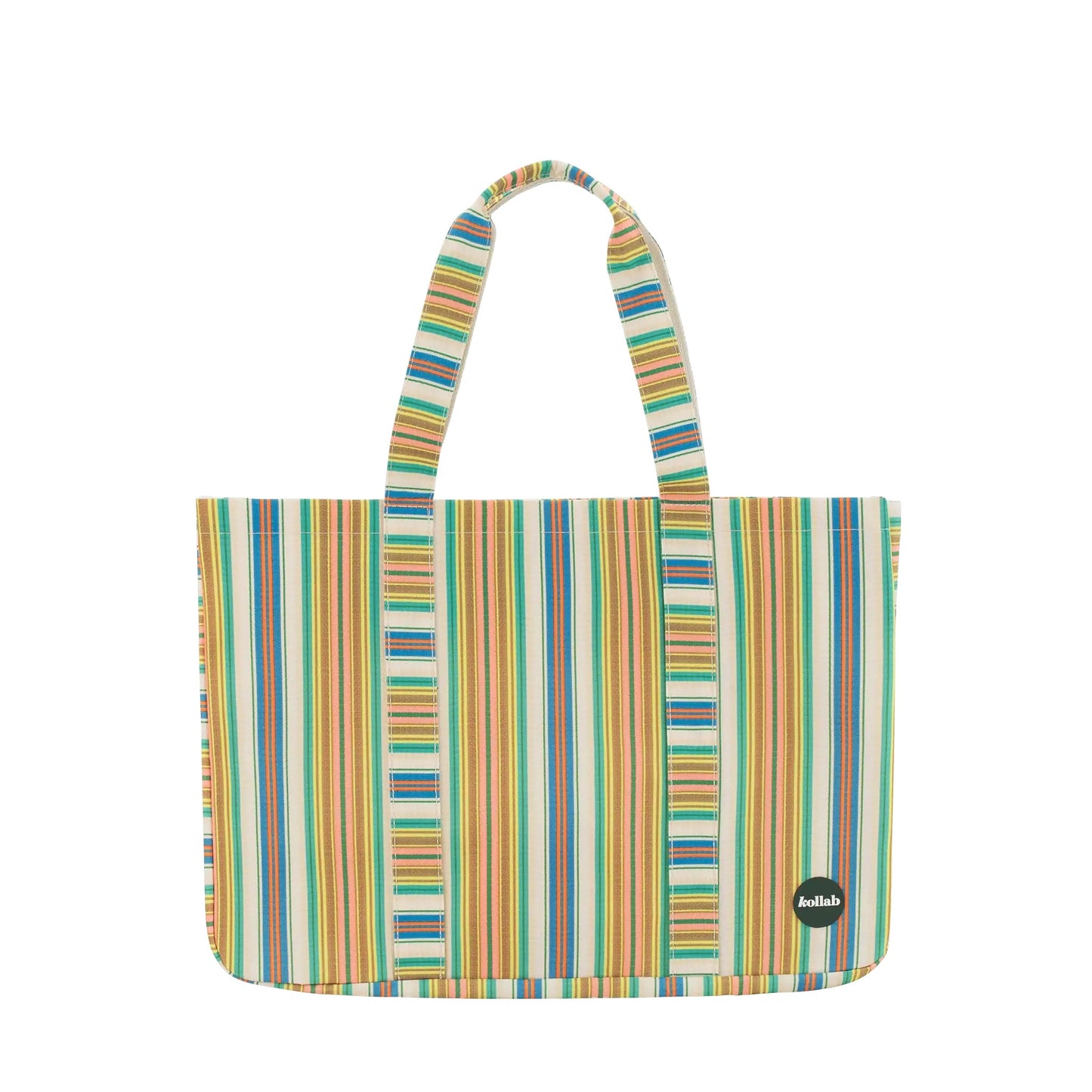 Multicolored striped tote bag on a white background