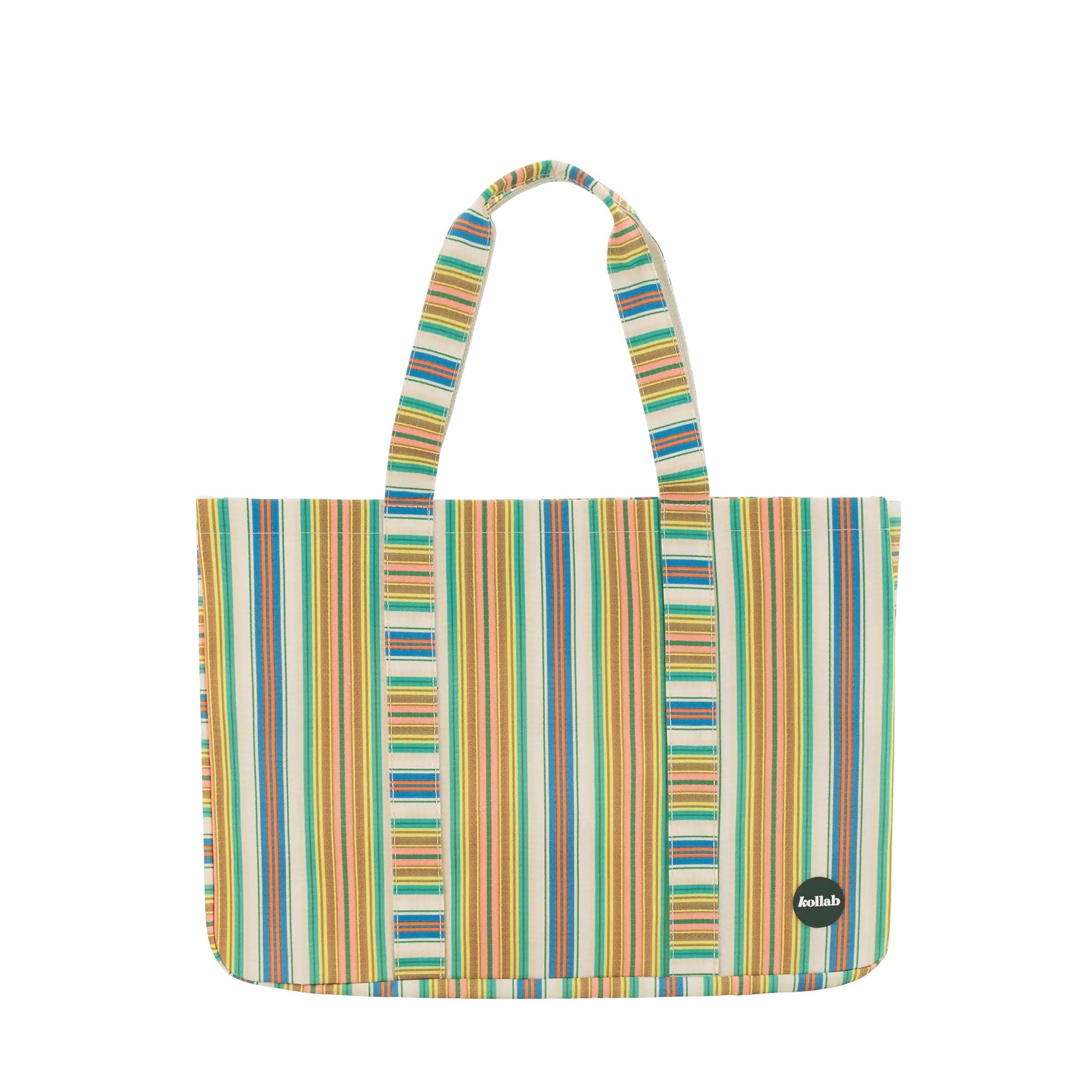 Multicolored striped tote bag on a white background
