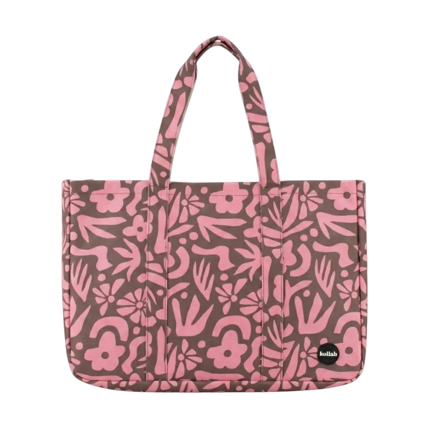 A tote bag with a pink and brown abstract floral pattern, featuring two top handles and a small black circular logo on the bottom right corner.