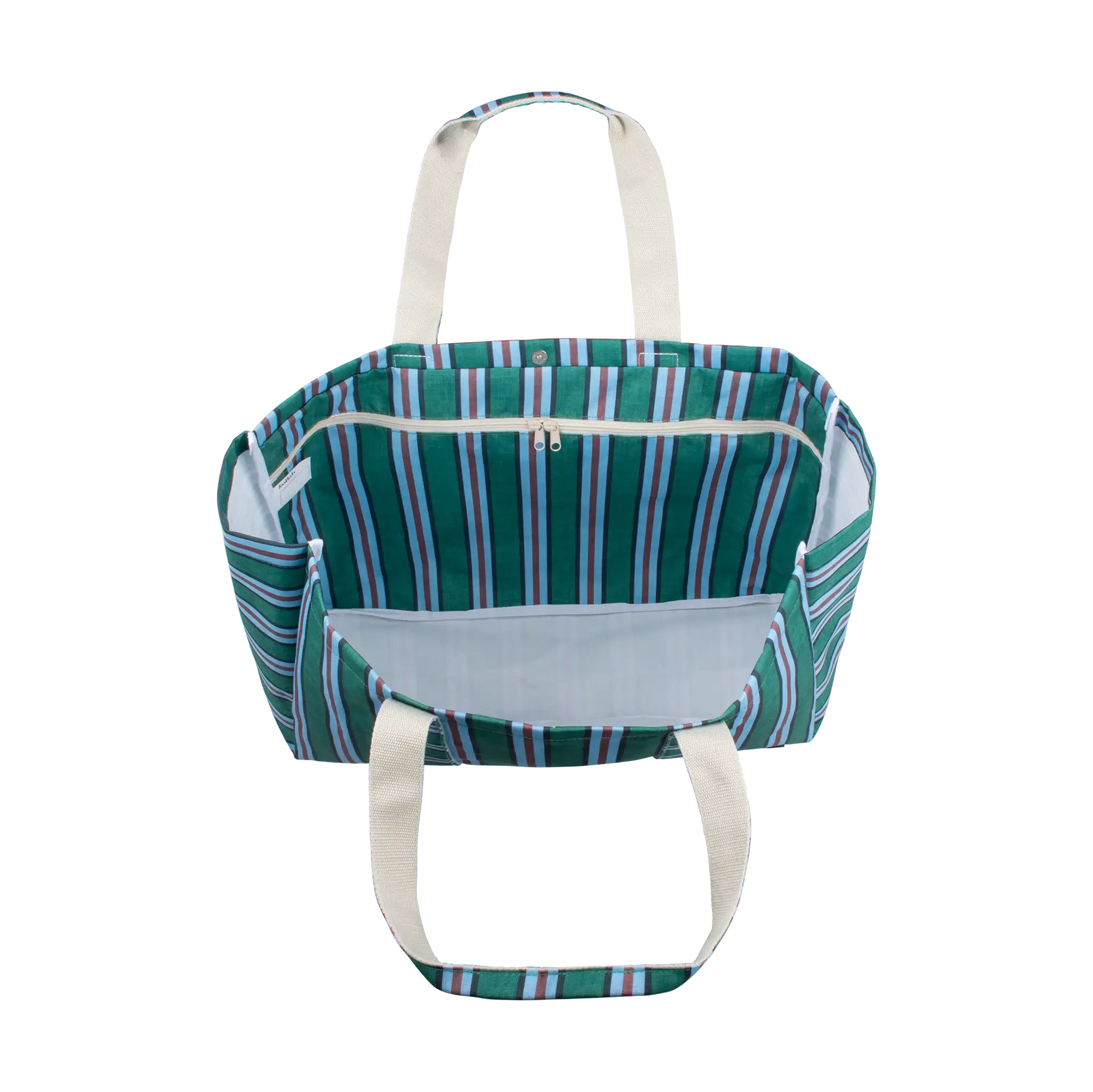 A striped tote bag with a green, blue, and white pattern, featuring cream-colored canvas handles and a zippered top opening, shown against a plain white background.