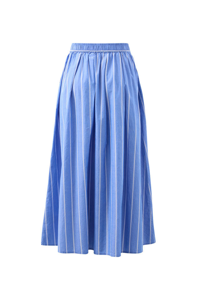 A blue pleated midi skirt with vertical white stripes, featuring an elastic waistband, shown against a plain white background.