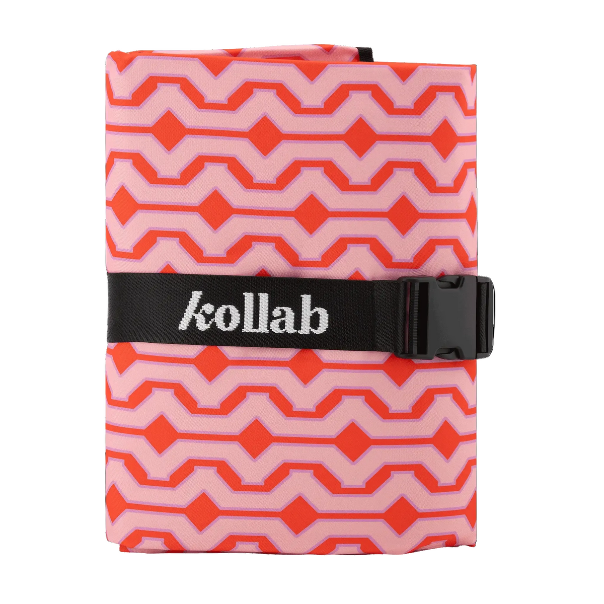 Pink and orange patterned pouch with a black strap and 'kollab' branding on a black background