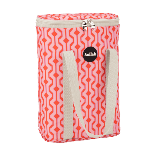 Pink red patterned wine cooler bag with cream strap, zip at top and black kollab logo on front