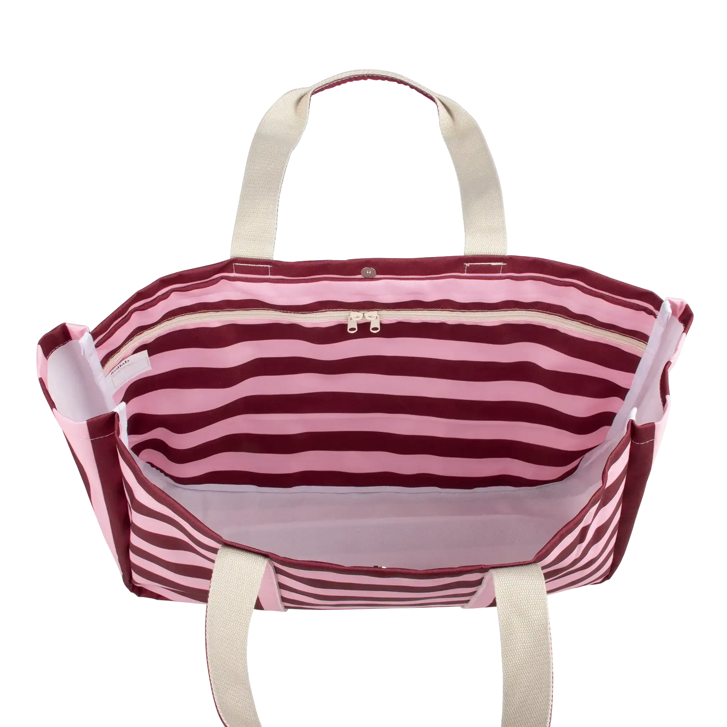 Striped tote bag with pink and red horizontal stripes on a white background