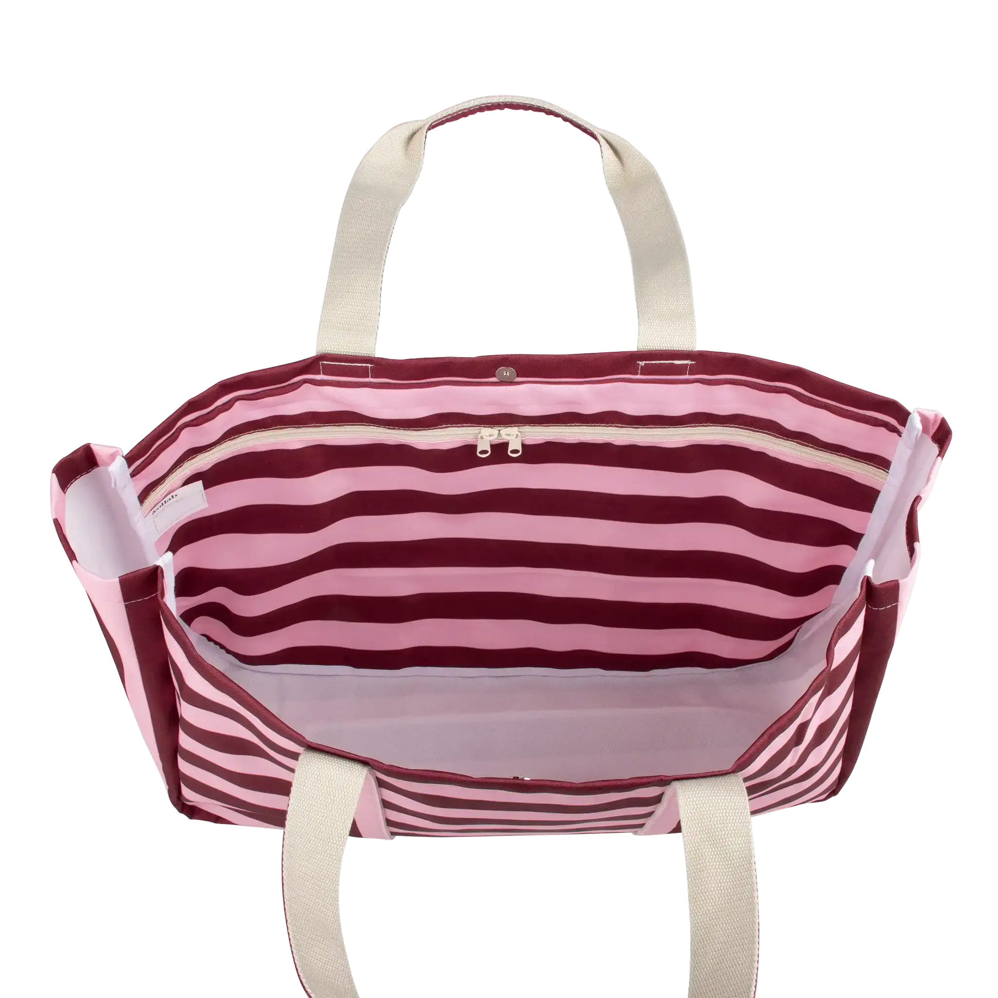Striped tote bag with pink and red horizontal stripes on a white background