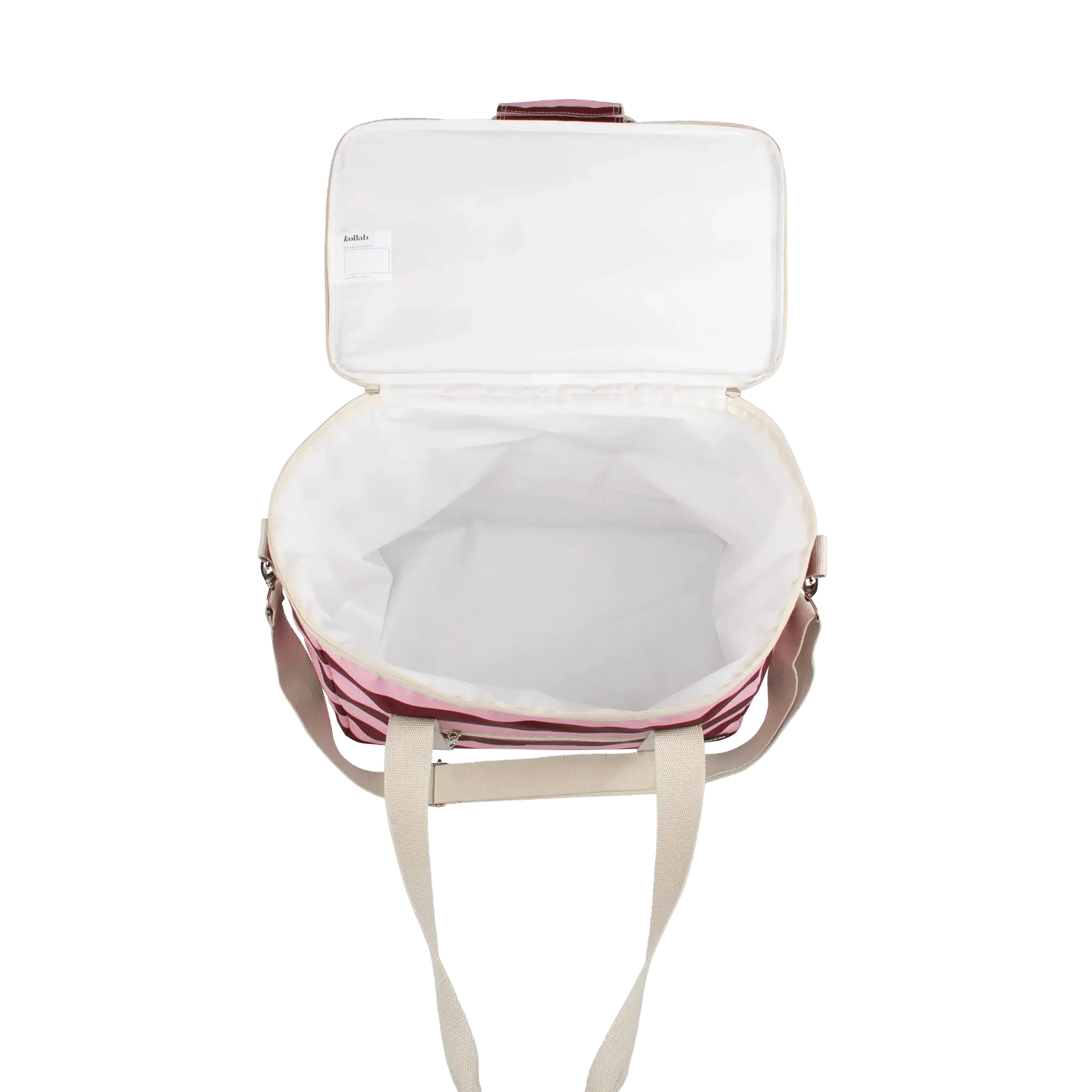 Pink and white cooler bag with a white interior on a white background