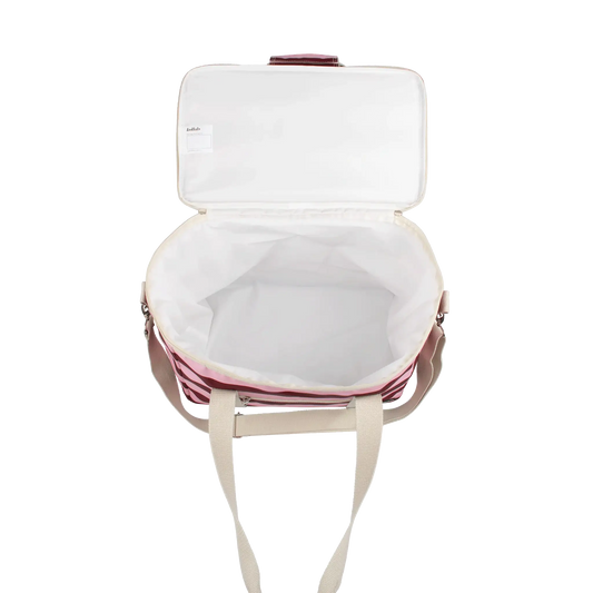 Pink and white cooler bag with a white interior on a white background