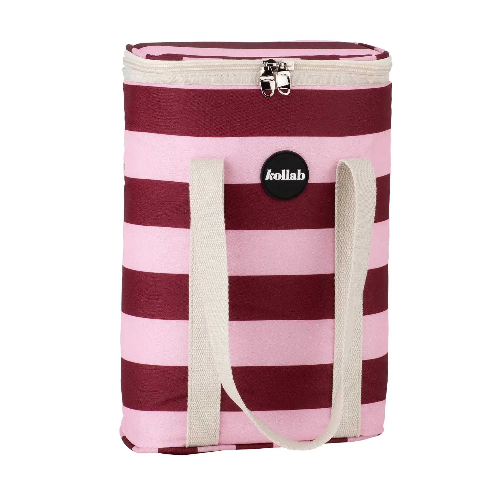 Pale pink and burgundy stripe wine cooler with cream strap