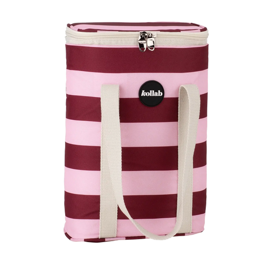 Pale pink and burgundy stripe wine cooler with cream strap