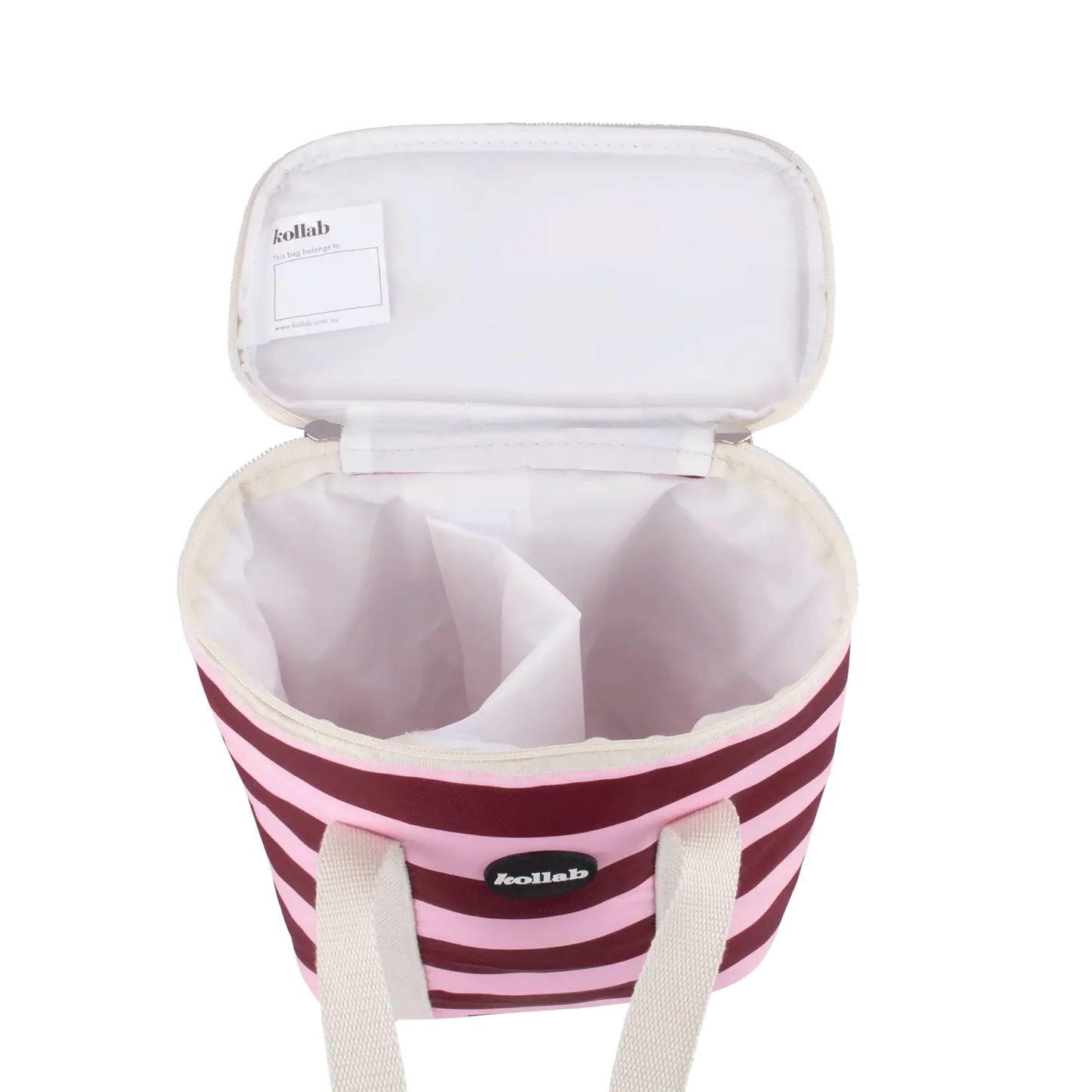 Pink and white striped cooler bag with a white lining and seperator inside on a white background