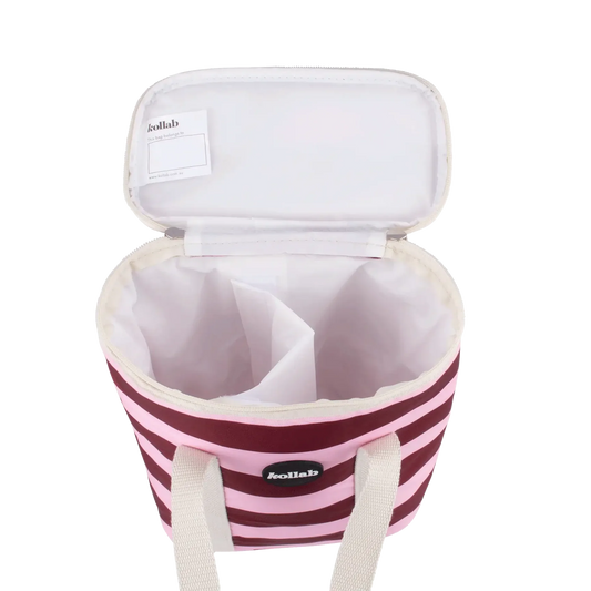 Pink and white striped cooler bag with a white lining and seperator inside on a white background