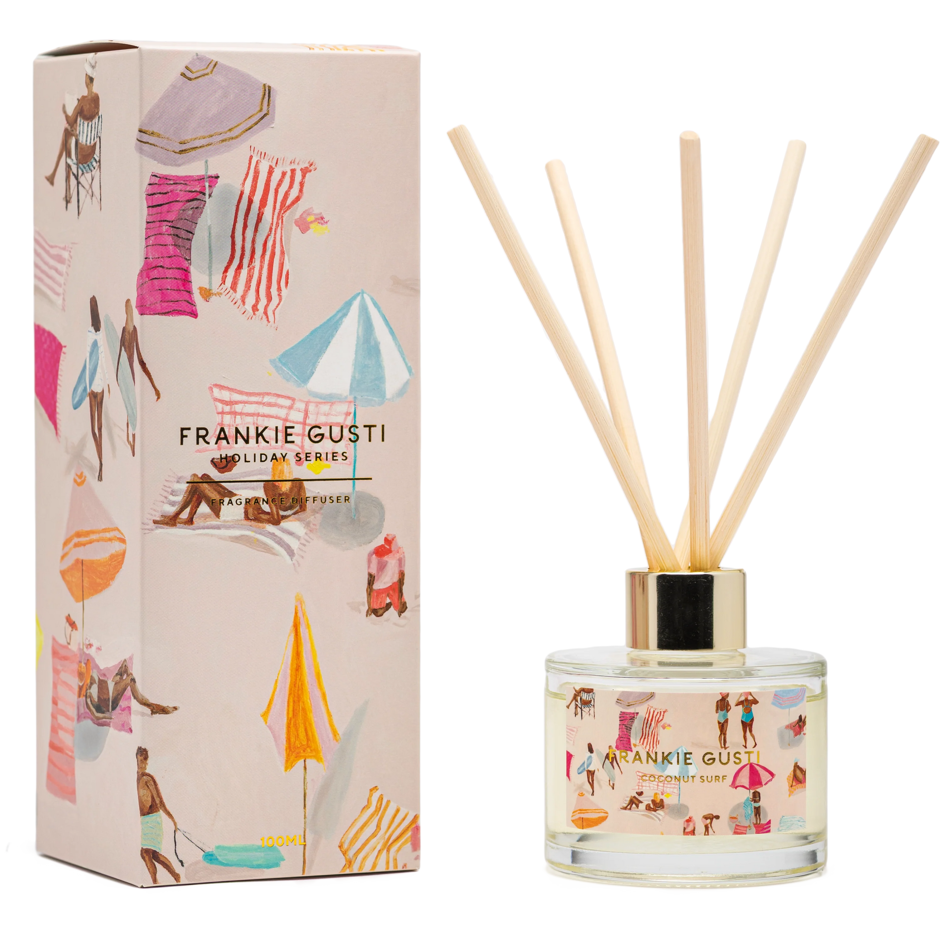 Frankie Gusti diffuser box and clear glass diffuser with reed sticks