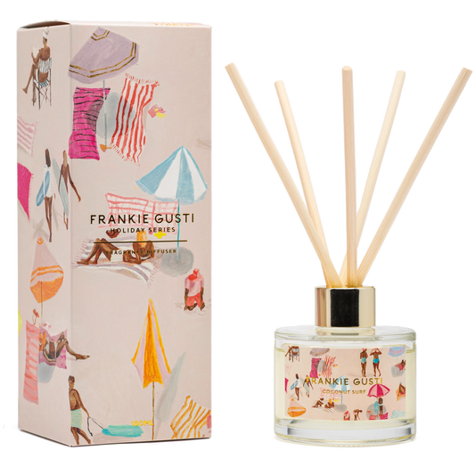 Frankie Gusti diffuser box and clear glass diffuser with reed sticks