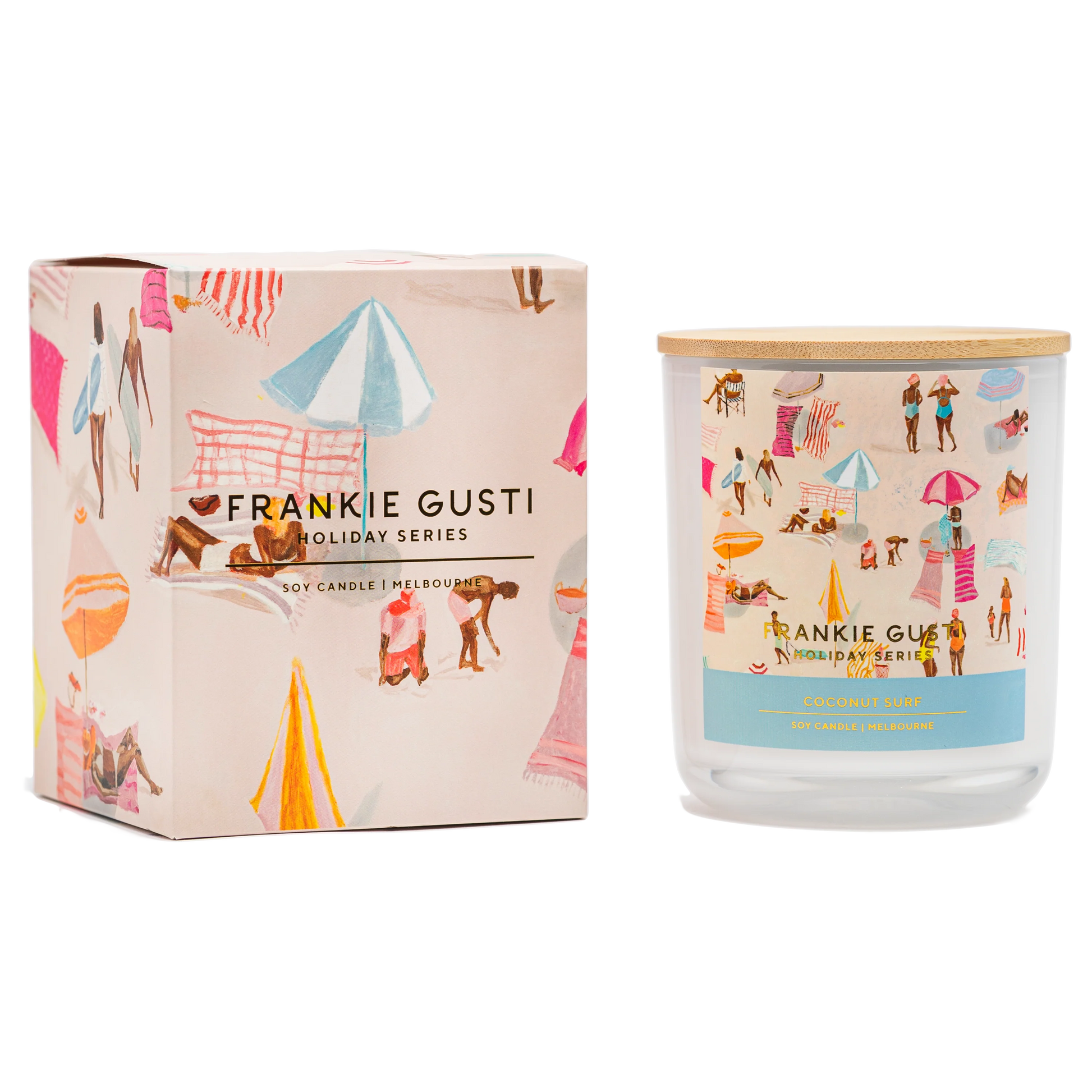 Frankie Gusti candle and packaging with holiday-themed illustrations on a white background
