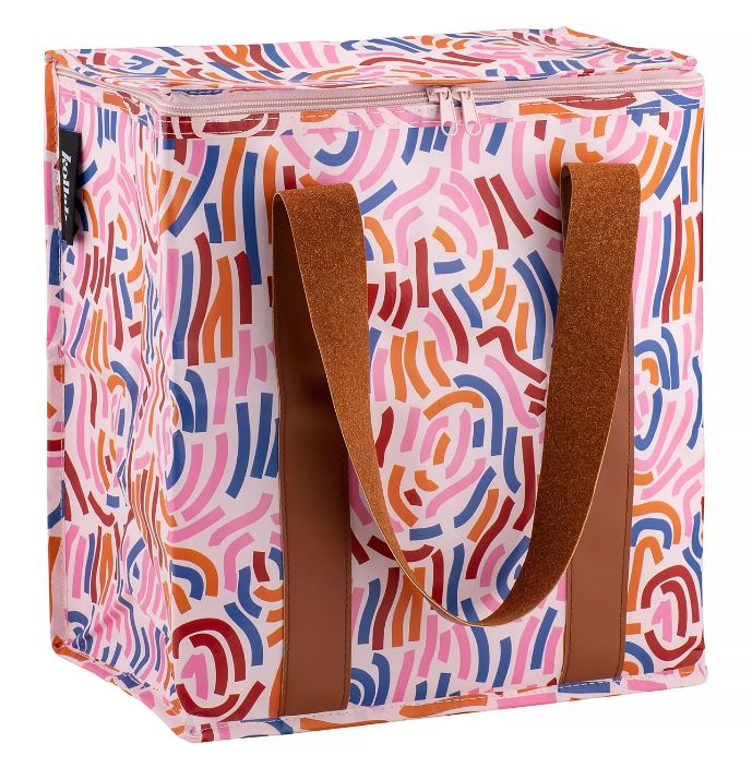 Colorful patterned tote bag with brown handles on a white background