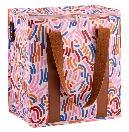 Colorful patterned tote bag with brown handles on a white background