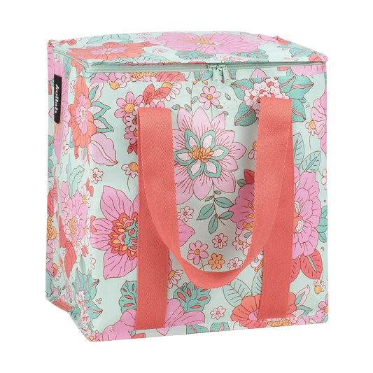 Aqua blue base with pink flower print cooler bag with aqua zip closure and pink cotton handles