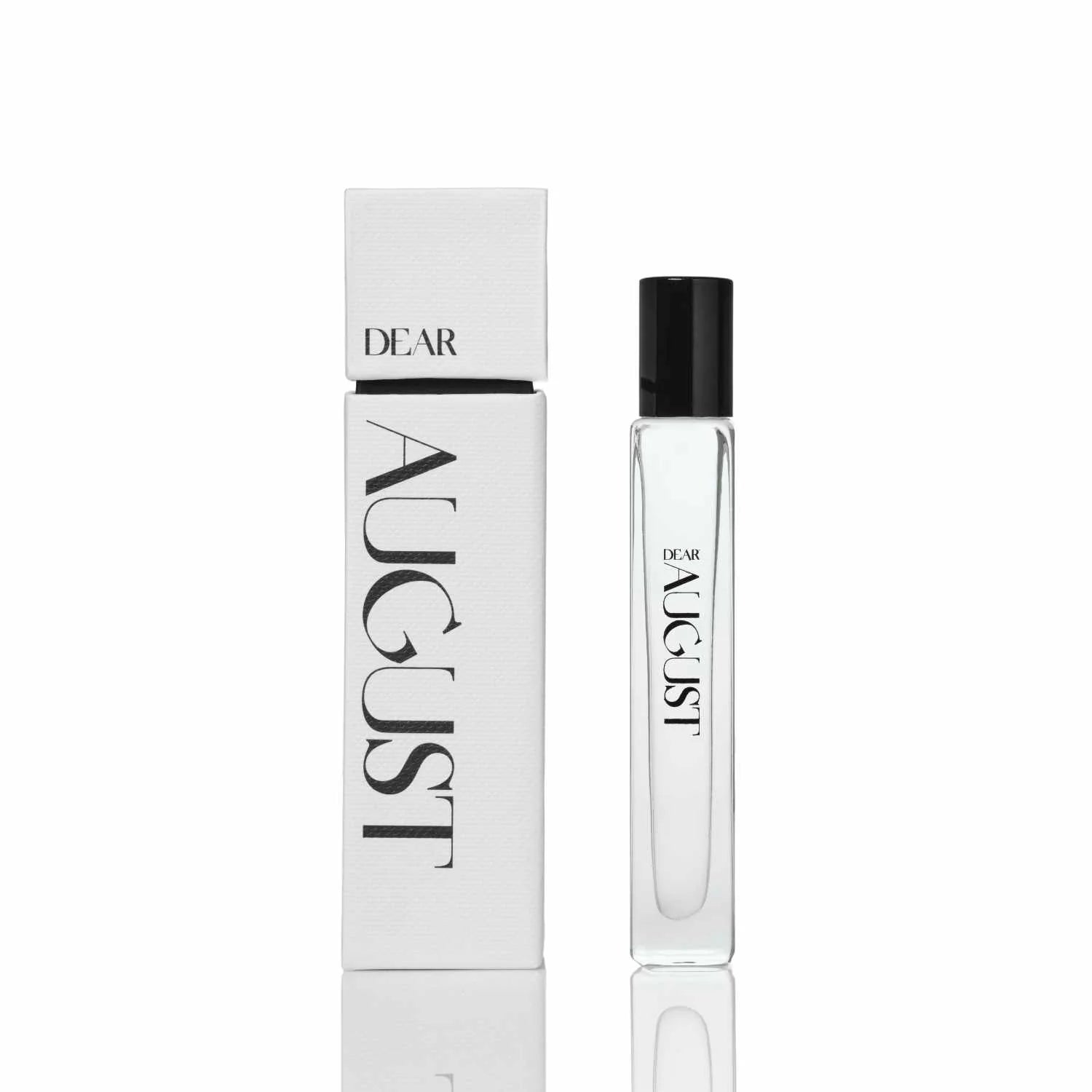 Perfume bottle and packaging labeled 'Dear August' on a white background