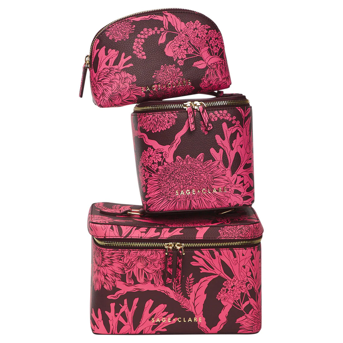 Set of three floral-patterned bags by Sage & Clare on a white background