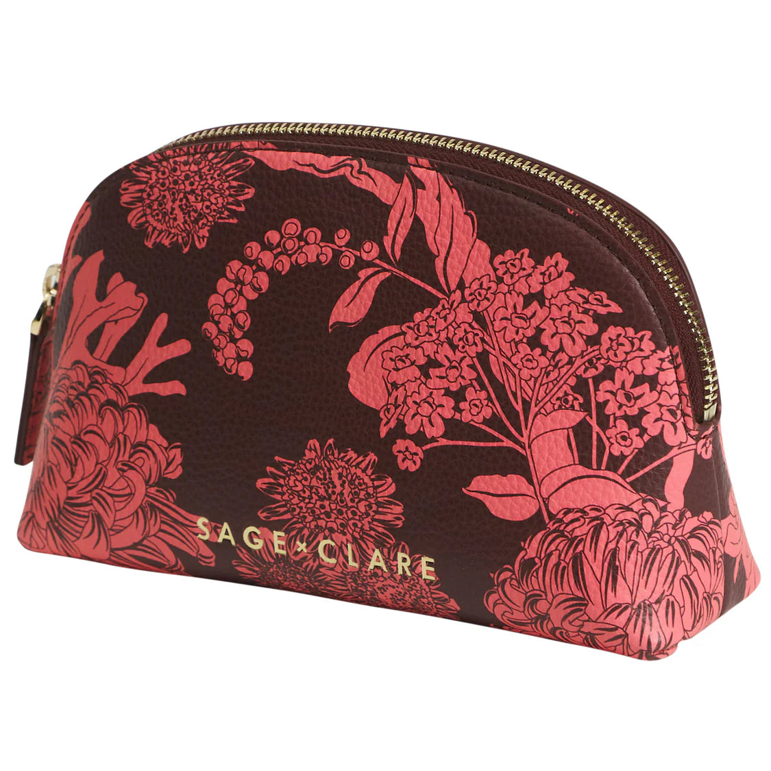 Floral patterned pouch with 'Sage & Clare' branding on a white background