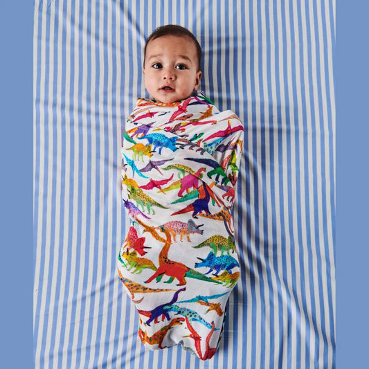 Baby wrapped in a colorful dinosaur-patterned swaddle on a blue and white striped background