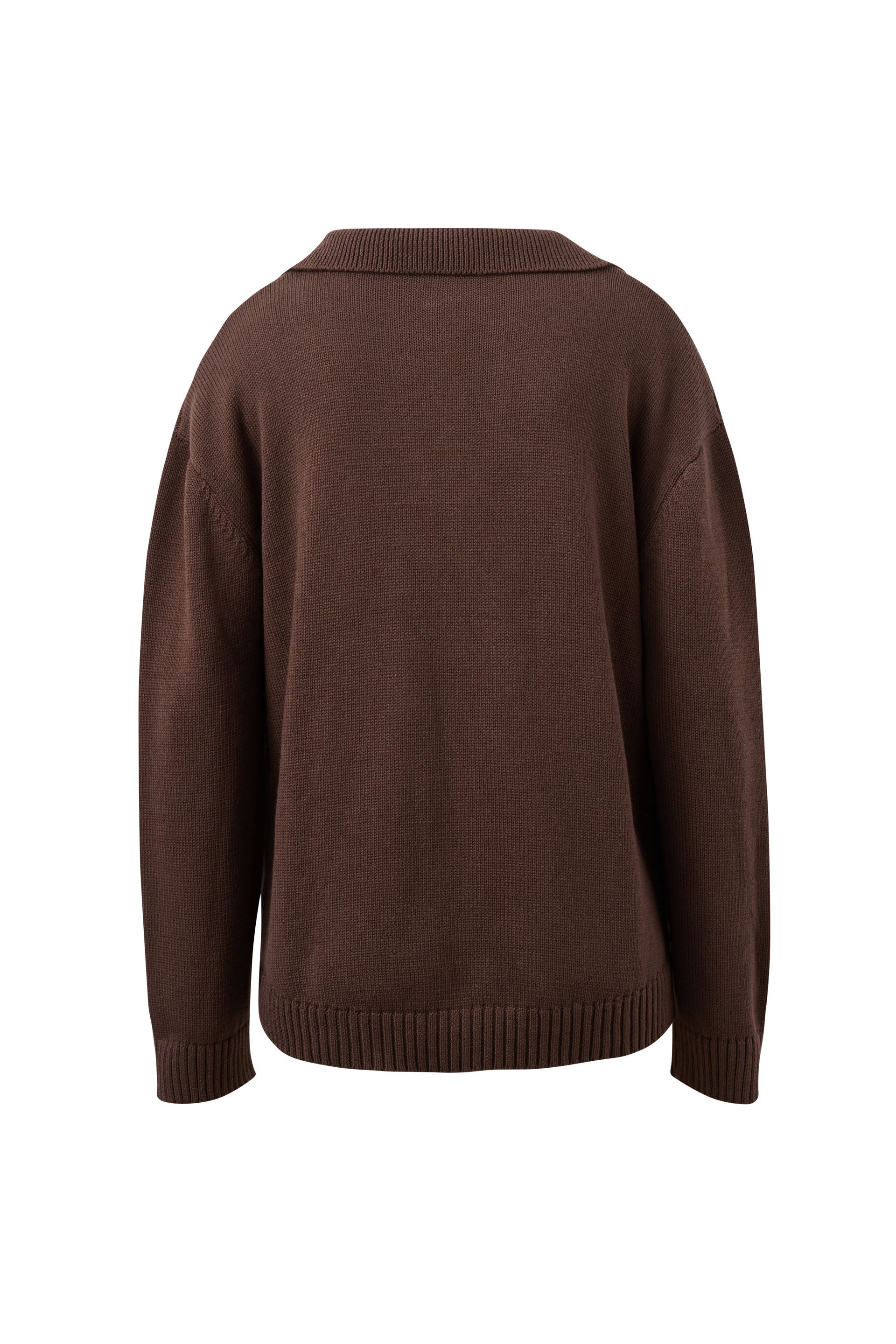 A dark brown knit sweater shown from the back, featuring a crew neck, dropped shoulders, and ribbed cuffs and hem, set against a plain white background.