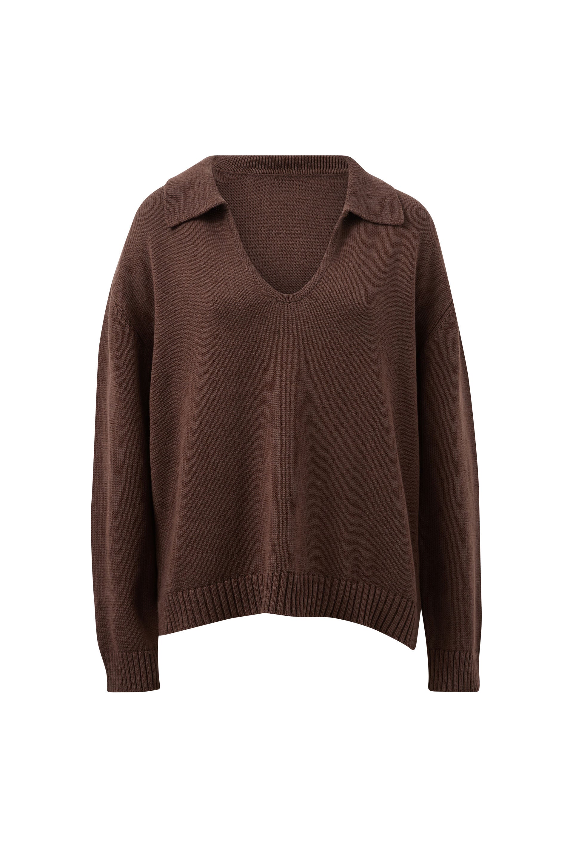 A dark brown knit sweater with a V-neck and a collar, displayed on a clean white background.