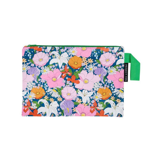Floral-patterned pouch with a green zipper on a white background