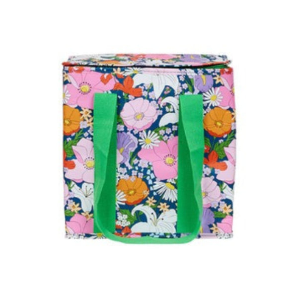 A square soft-sided cooler bag with a colorful floral print and bright green handles, shown against a plain white background.