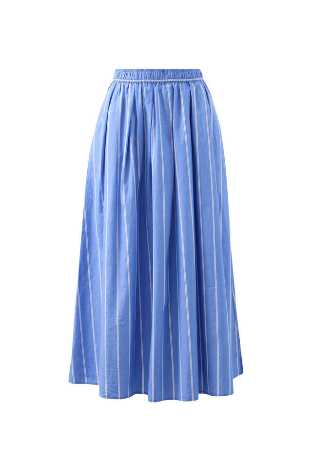 A blue pleated midi skirt with thin white vertical stripes, featuring an elastic waistband, shown against a plain white background.
