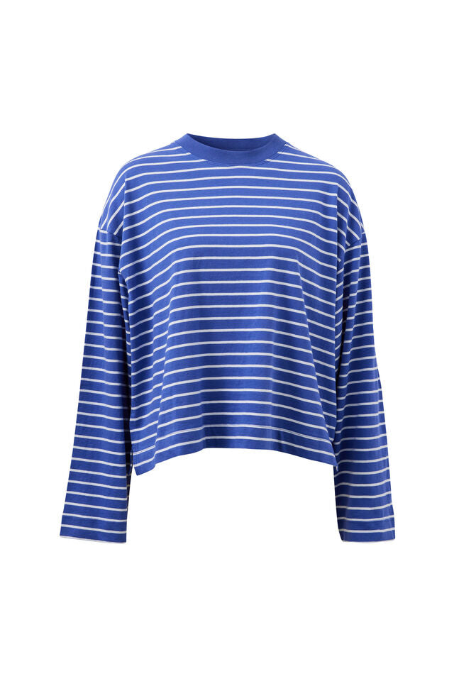 A blue and white horizontally striped long-sleeve crop top with a crew neck, displayed on a clean white background.