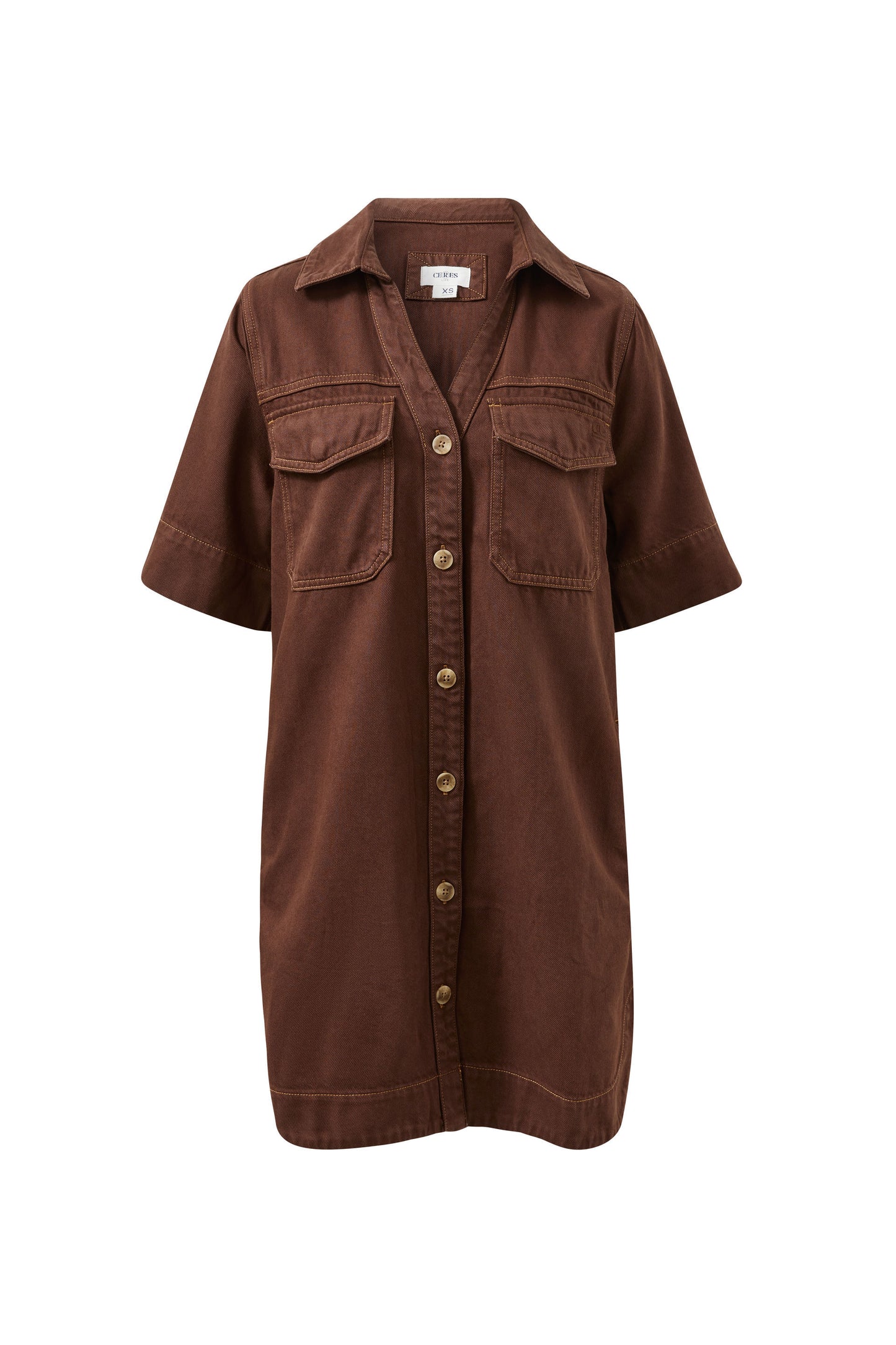 Brown shirt dress with button details on a white background