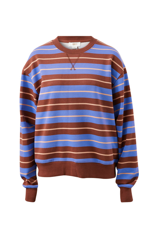 Striped sweater with brown and blue horizontal stripes on a white background