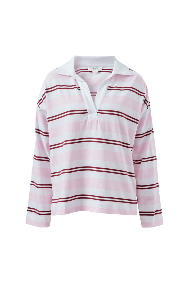 A pink and white striped long-sleeve polo shirt with thin dark red horizontal stripes, displayed on a clean white background.