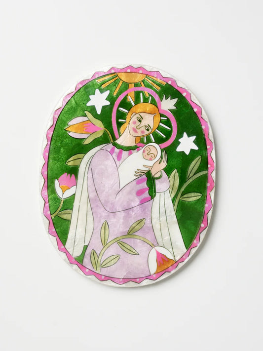 Decorative plate with a stylized illustration of a woman holding a baby, surrounded by flowers and leaves on a white background.