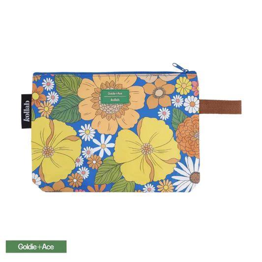 Floral-patterned pouch with a visible brand label on a white background