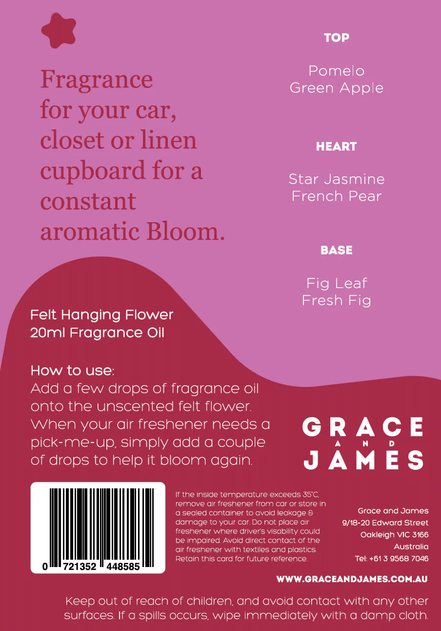 Back of a product packaging for fragrance oil scent Fig and Pear with brand name 'Grace and James' on a pink background.