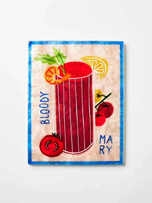 Decorative shell tile with a Bloody Mary design on a white background